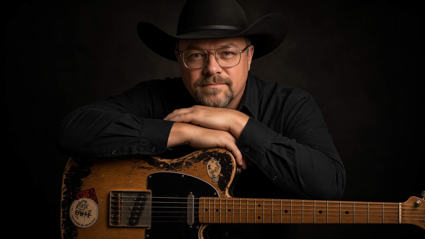 Chad Sanders with his Telecaster guitar in a dark studio, direct gaze